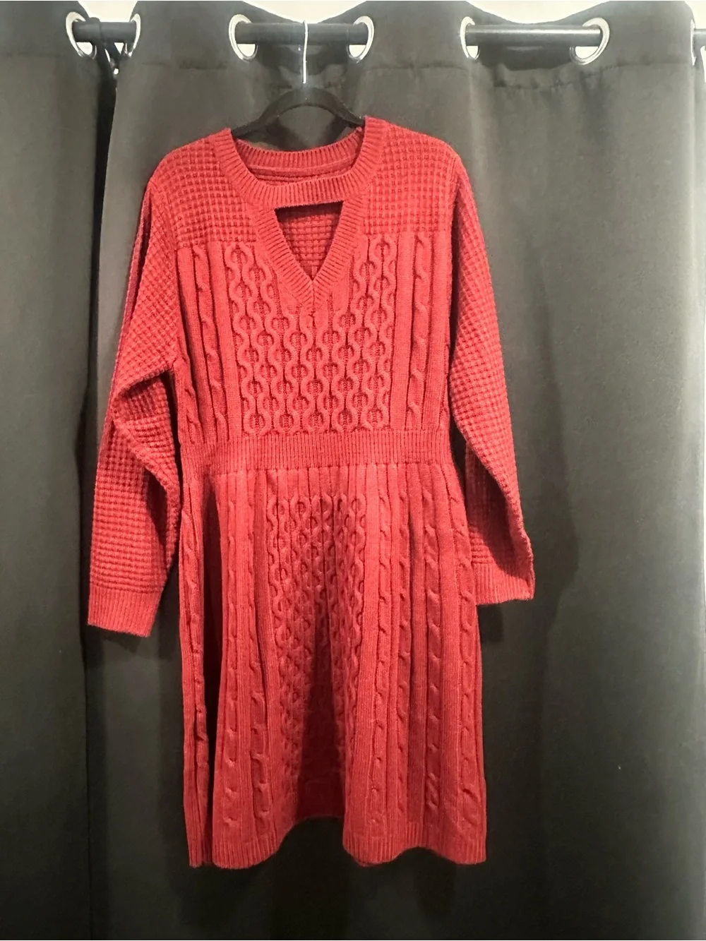 BloomChic Red Cable-Knit V-Neck Sweater Dress